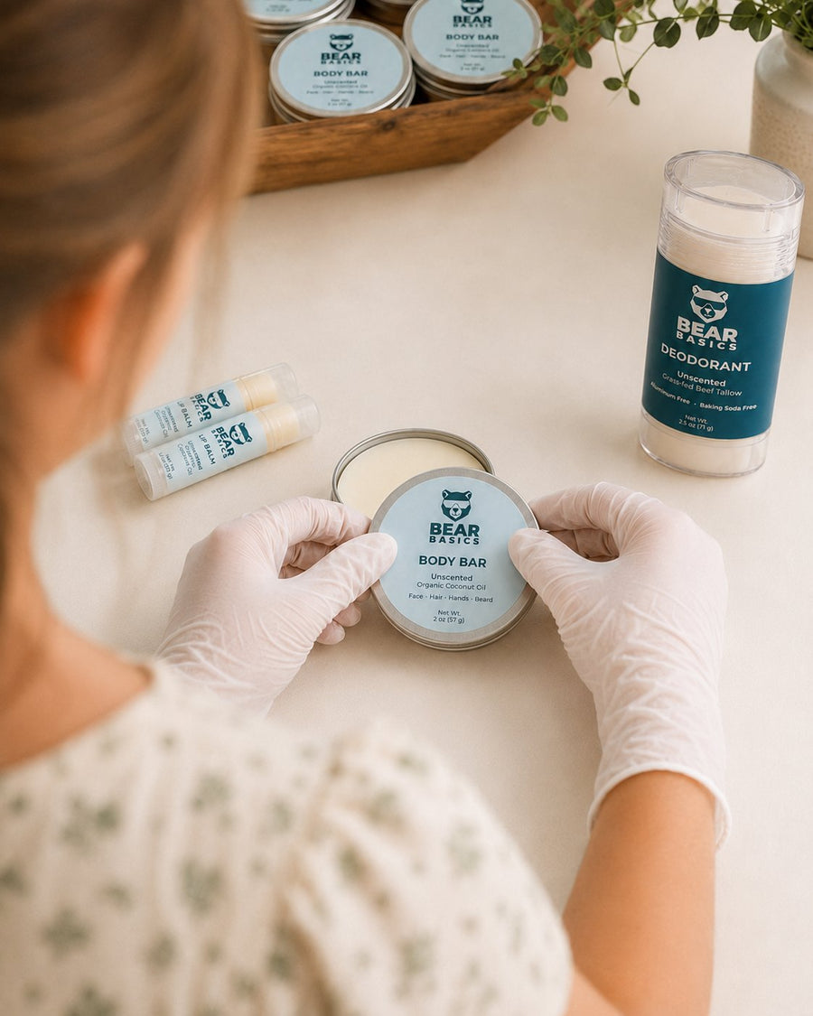 In the workshop — handling Bear Basics Body Bar, lip balm and deodorant