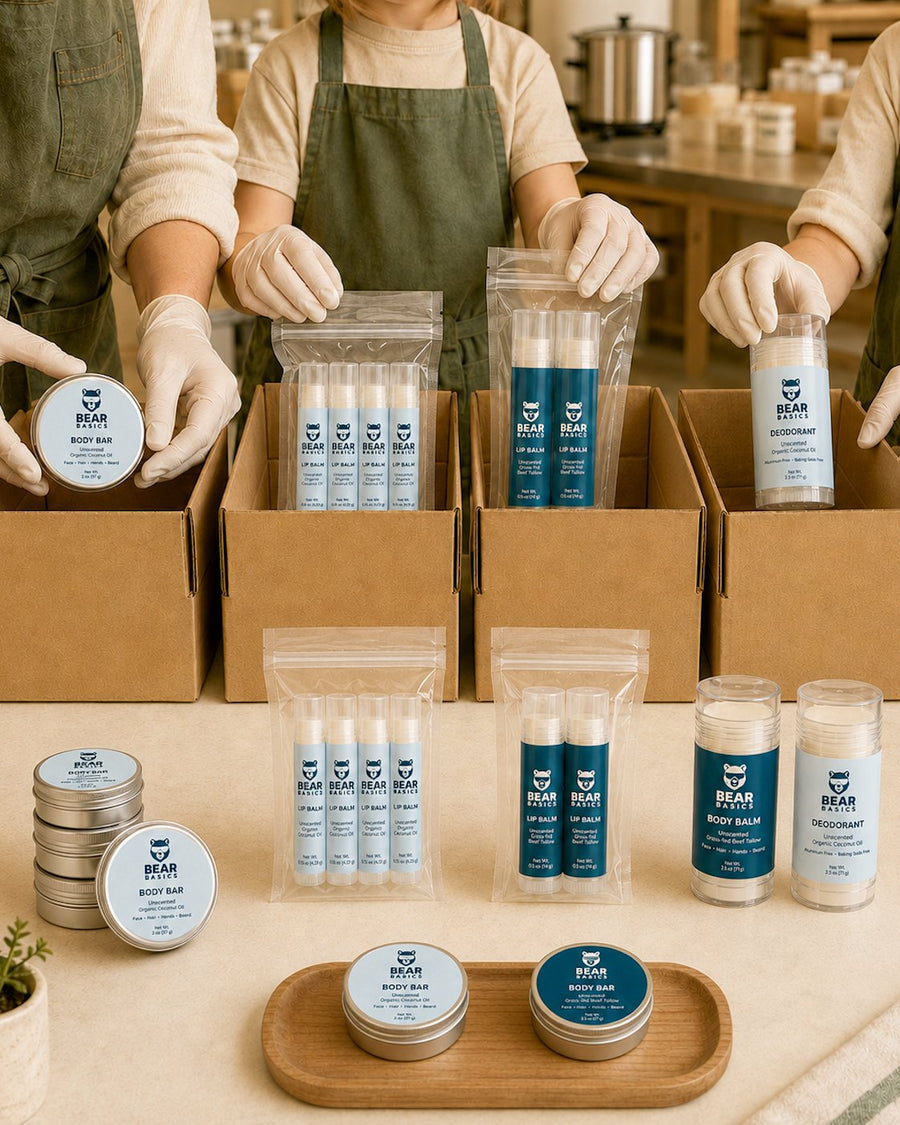 Packed with care — Bear Basics products boxed by hand