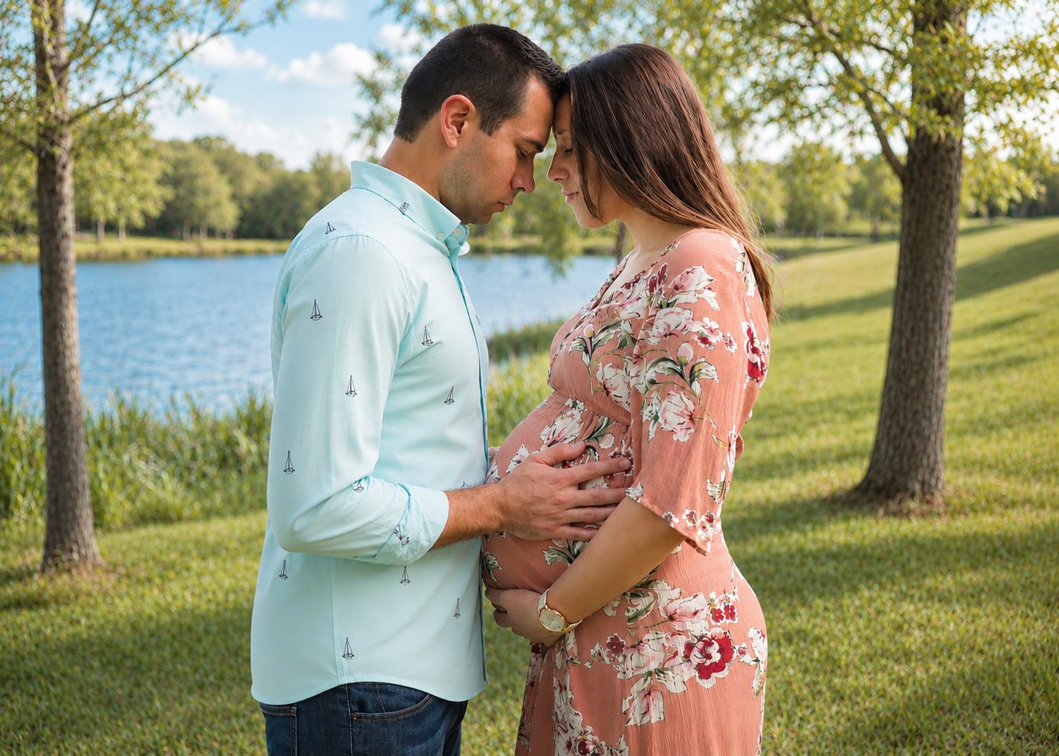 Bear Basics founders — expecting parents standing forehead-to-forehead with hands on the pregnant belly by a lake
