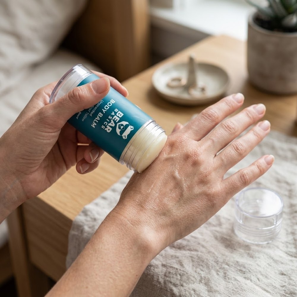 Applying Bear Basics Beef Tallow Body Balm to the back of the hand