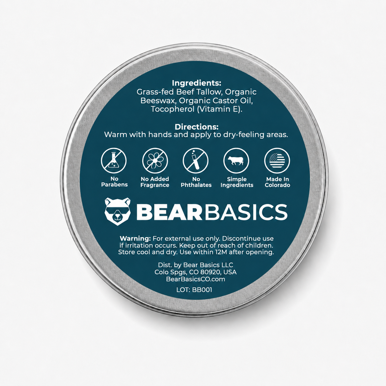 Bear Basics Beef Tallow Body Bar tin lid - ingredients and directions