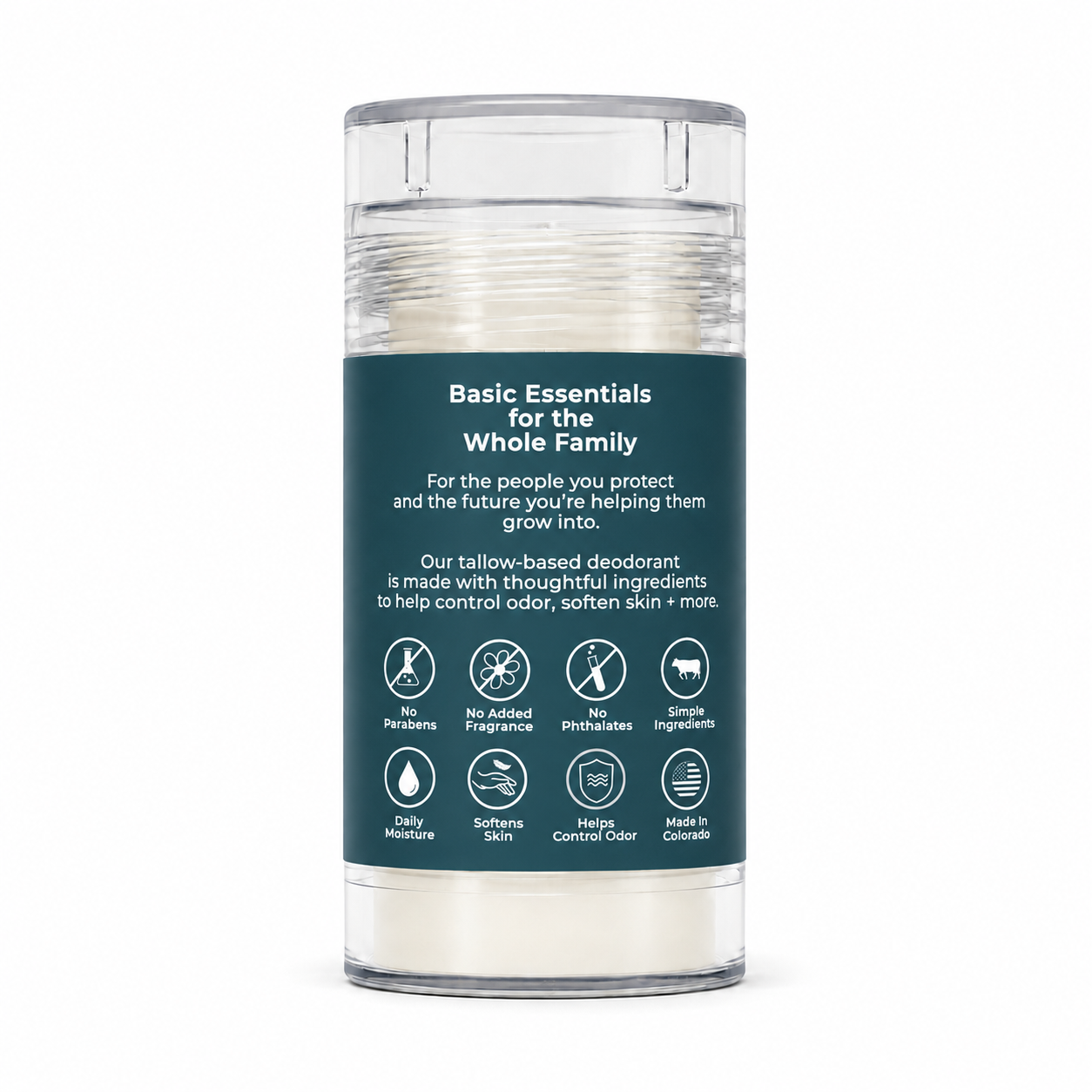 Bear Basics Beef Tallow Deodorant back label - Basic Essentials for the Whole Family, Made in Colorado