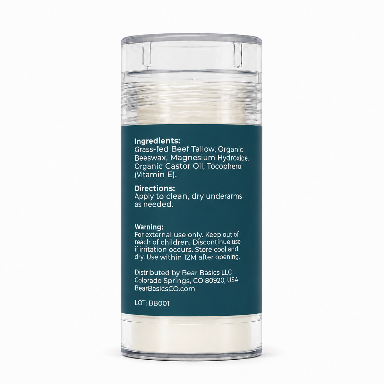 Bear Basics Beef Tallow Deodorant back label - ingredients and directions