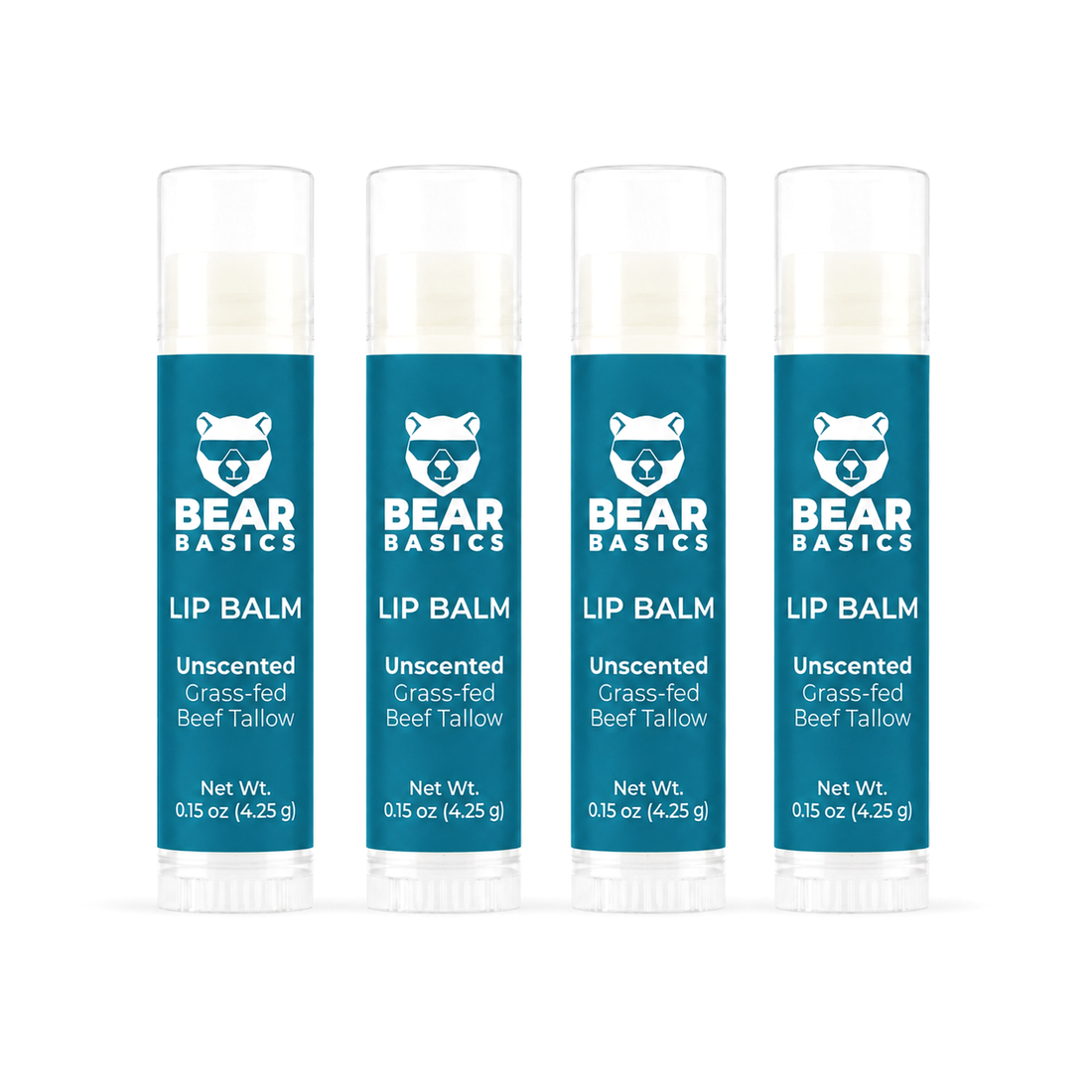 Bear Basics Beef Tallow Lip Balm 4-Pack - Unscented Grass-Fed Beef Tallow, 0.15 oz tubes