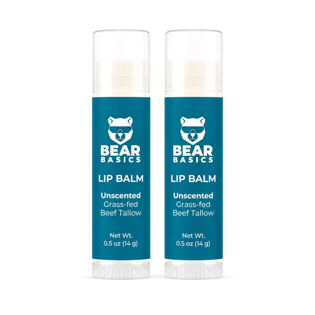 Bear Basics Beef Tallow Lip Balm 2-Pack - Unscented Grass-Fed Beef Tallow, 0.5 oz tubes
