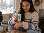 Young woman using Bear Basics Coconut Oil Body Balm by a snowy cabin window