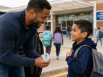 Dad sharing Bear Basics Coconut Oil Body Bar with his son at school drop-off