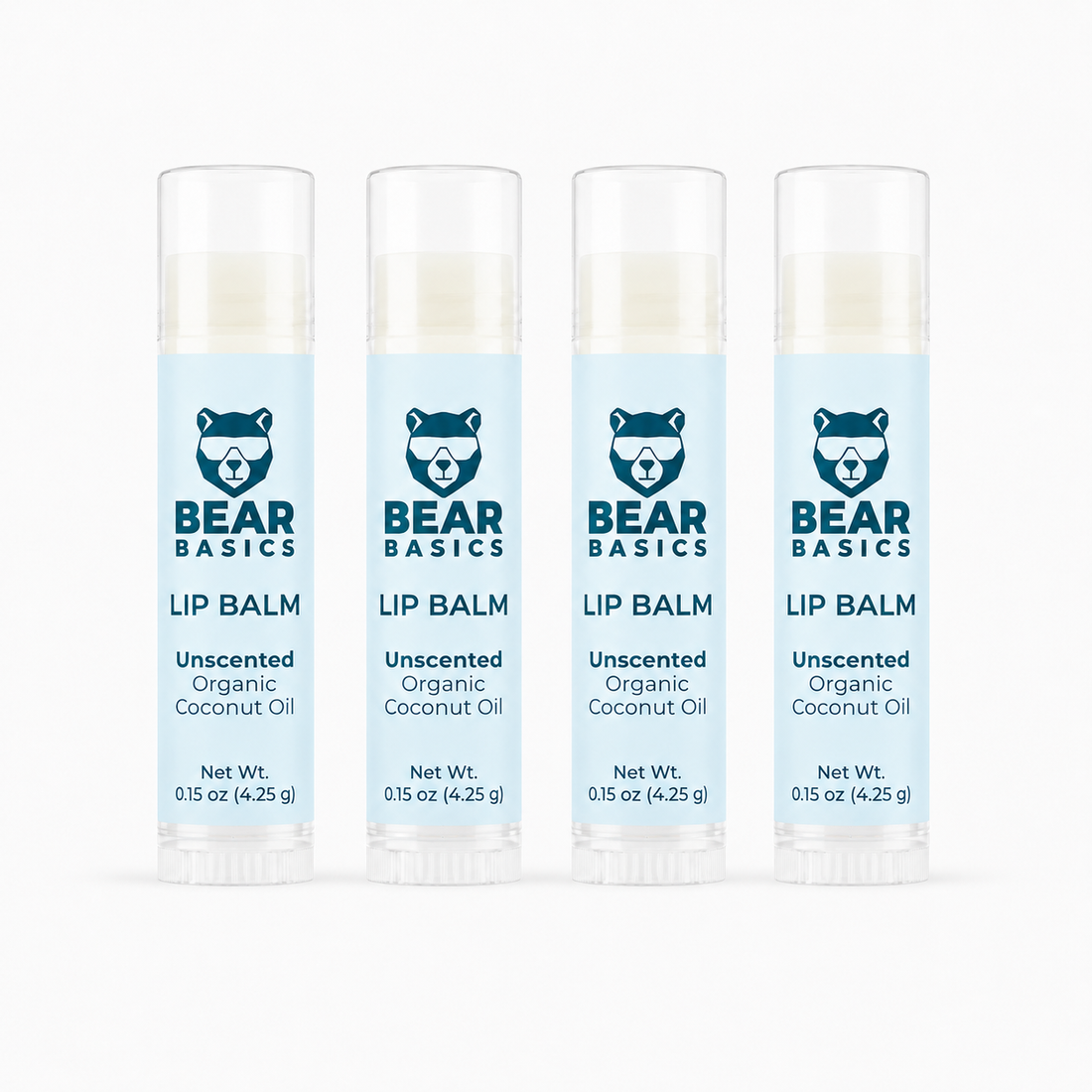 Bear Basics Coconut Oil Lip Balm 4-Pack - Unscented Organic Coconut Oil, 0.15 oz tubes