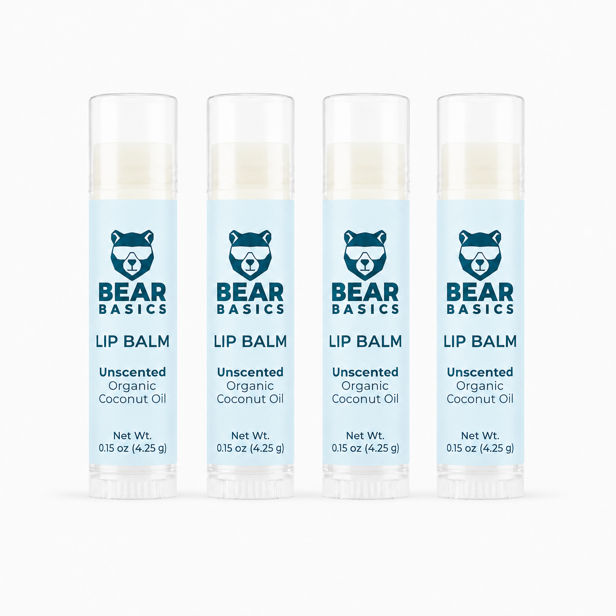 Bear Basics Coconut Oil Lip Balm 4-Pack - Unscented Organic Coconut Oil, 0.15 oz tubes